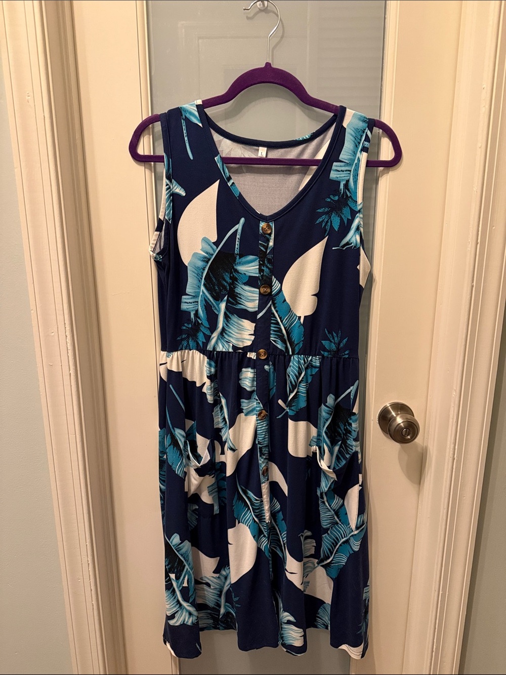 Sleeveless Navy Blue Tropical Print Dress